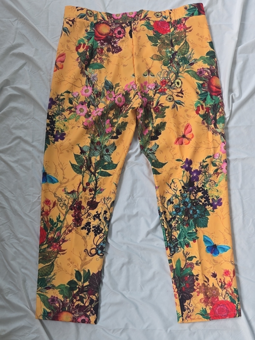 Men's Yellow Pants With Much Flowers/Foliage Front/Back Beautiful Multi Colors - Picture 9 of 13